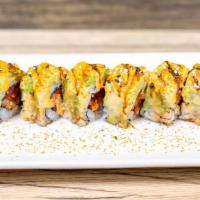 Arizona Roll · Spicy salmon, spicy yellowtail, spicy tuna, tempura crunch, topped with avocado, eel sauce a...