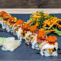 Indian School Roll · Spicy crab, cream cheese, cucumber, topped with spicy tuna, sliced jalapeño, tobiko, tempura...