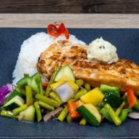 Herb Salmon · Grill salmon, white rice, Seasonal  vegetables, side of AK herb butter.