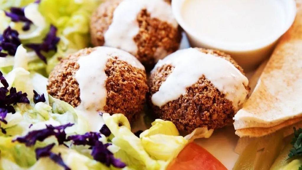 Falafel Plate · 3 Falafels on rice with a side of hummus and salad.