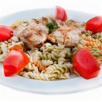 Chicken Pasta Salad · Grilled marinated all-natural chicken breast, tri-color rotini pasta, tomatoes, and lemon vi...