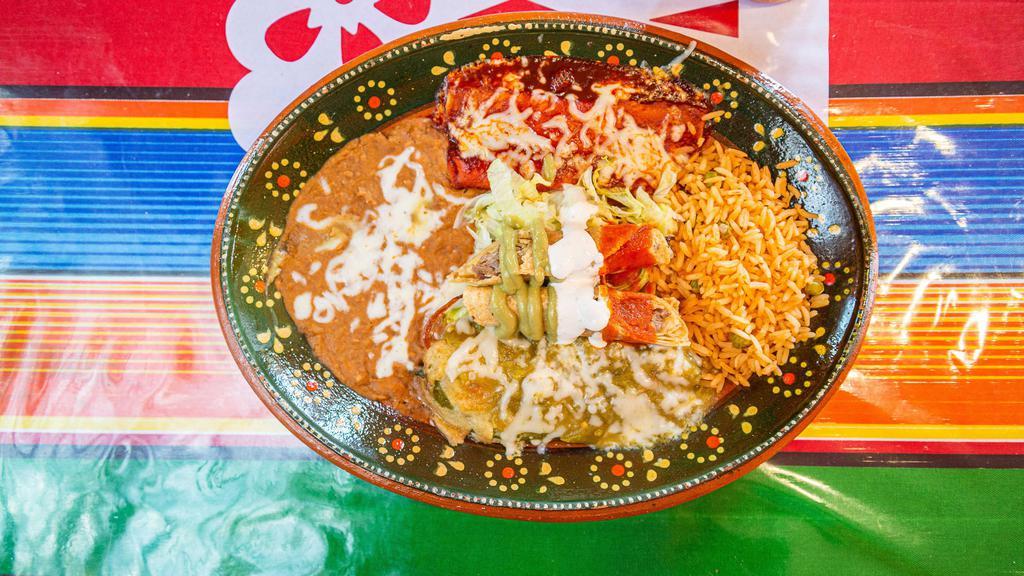 Mexican Plate · Rice,beans,1 enchilada red or green ,1 chile relleno red or green,2 flautas ,guacamole,sour cream, lettuce, tomatoes,4 tortillas