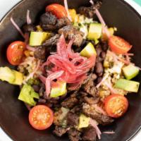 Carne Asada · Cilantro lime cauliflower rice, cabbage, black beans, heirloom tomato, radish, roasted corn,...