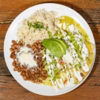 Enchiladas Queso Verdes · Chihuahua cheese, corn tortillas, shredded lettuce, avocado, pico de gallo, crema, salsa ver...