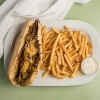 Philly Cheesesteak · Grilled steak, cheese mix, grilled onions, and grilled peppers on a toasted loaf. Comes with...
