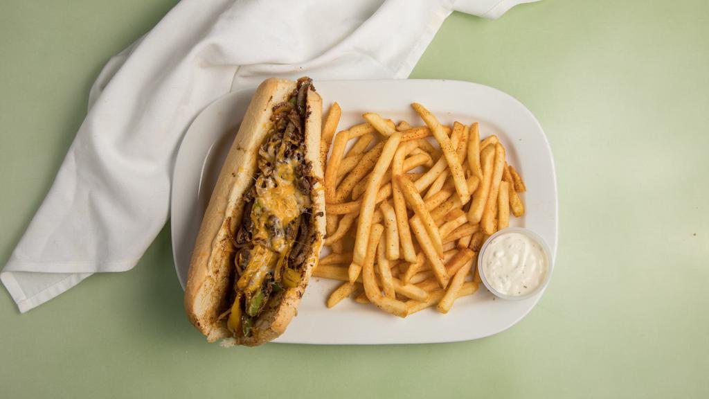 Philly Cheesesteak · Grilled steak, cheese mix, grilled onions, and grilled peppers on a toasted loaf. Comes with a side of ranch.