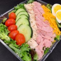 Chef Salad · Spring mix, sliced turkey & ham, hard-boiled egg, sliced cucumbers, cherry tomatoes, cup of ...