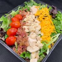 Chicken, Bacon, Ranch Salad · Spring mix, diced chicken, crumbled bacon, cherry tomatoes and a shredded cheddar cheese wit...