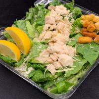 Chicken Caesar Salad · Romaine lettuce, diced chicken, shredded parmesan cheese, lemon wedges, croutons, and salad ...