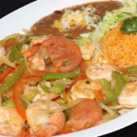 Fajitas · Choice of shrimp, chicken, or beef. Served with rice, beans, and a small salad along with yo...