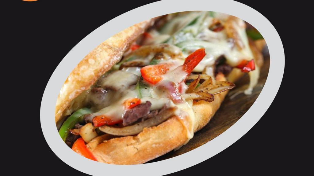  Philly Cheesesteak · Thin sliced beef on pressed ciabatta bread topped with sauteed bell peppers, red onions, and melted cheese. Served with fries.