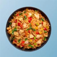 Hawkers Chicken Fried Rice · Long grain aromatic rice wok tossed with chicken, fresh mixed vegetables, and Indo-Chinese s...