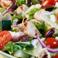 Athena (Greek) · Romaine, House Grilled Chicken, Red Onions, Tomatoes, Kalamata Olives, Cucumbers, Feta with ...