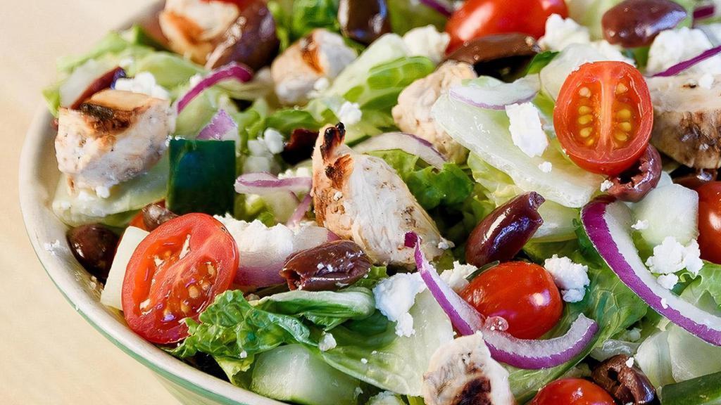 Athena (Greek) · Romaine, House Grilled Chicken, Red Onions, Tomatoes, Kalamata Olives, Cucumbers, Feta with Red Wine Vinaigrette