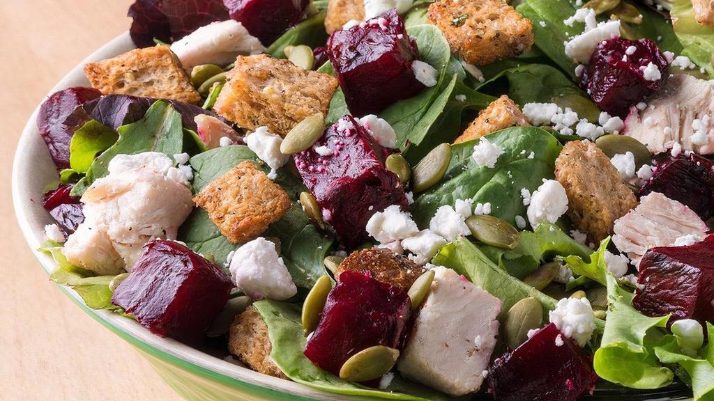 Crazy Ivan · Mixed Greens, House Grilled Chicken, Roasted Beets, Pumpkin Seeds, House-made Croutons, Goat Cheese with Sherry Molasses Vinaigrette