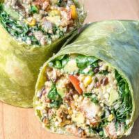 Southwest Wrap · Wild Rice Blend, Southwestern Chicken, Spinach, Roasted Corn, Avocado, Tomatoes, Cotija Chee...