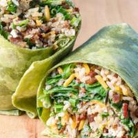 Spicy Bacon Wrap · Wild Rice Blend, House Grilled Chicken, Spinach, Green Onions, Cheddar Cheese, Bacon, MAD Sp...
