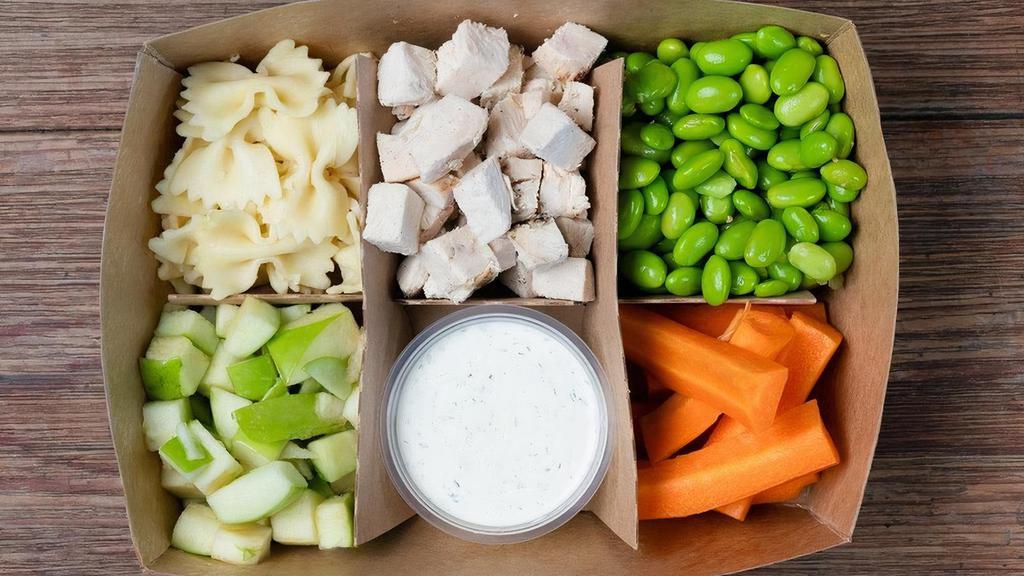 Awesome Box · House Grilled Chicken, Pasta, Edamame, Apples, Carrot Sticks, Ranch Dip. Includes your choice of Apple Juice, Chocolate or Regular Milk.