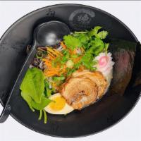 Tonkotsu  Ramen · Pork chashu,black fungus,bean sprouts,scallion,fish cake,boiled egg,Spinach,Cilantro.