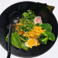 Vegetable  Ramen · Vegetable broth,black fungus,corn,bean sprouts,scallion,fish cake,boiled egg,Spinach,Cilantro.