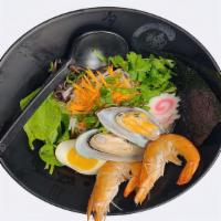 Seafood Ramen · Shrimp,mussel,black fungus,bean sprouts,scallion,fish cake,boiled egg,Spinach,Cilantro.