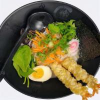 Shrimp Tempura Ramen · Shrimp Tempura,black fungus,bean sprouts,scallion,fish cake,boiled egg,Spinach,caraway.