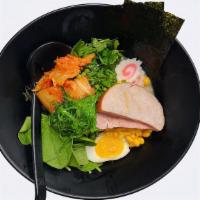 Yakiniku Ramen · Baked ham,Seaweed Salad,Corn,black fungus,bean sprouts,scallion,fish cake,boiled egg,Spinach...