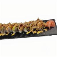 Chef'S Special Roll · Grilled salmom, spicy crab meat,mango,avocado, topped shaved fish..
