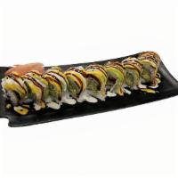 Angel Roll · Cucumber,Crab stick ,cheese top with avocado yung yang sauce&eel sauce.