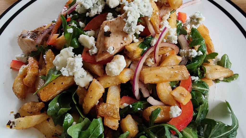 Technically A Salad · Crispy hand-cut French fries mixed with Tuscan chicken, red peppers, red onions, arugula, our house-made malt vinaigrette, and topped with fresh gorgonzola.