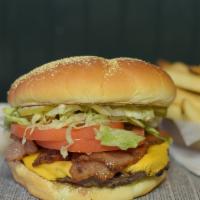 Wibbley'S Bacon Cheese Burger · Charbroiled patty, Wibbley's dressing, American cheese, bacon, lettuce, tomatoes, and pickle...