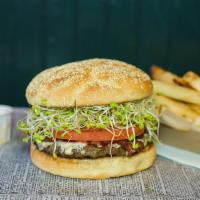 Century Burger · Charbroiled patty, mayo, blue cheese, bacon, sprouts, mayo and tomatoes on a Kaiser bun.