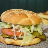 South-Of-The-Border · Charbroiled patty, mayo, pepper jack cheese, green chili, lettuce, mayo and tomatoes on a Ka...