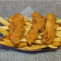 Chicken Basket · 3 Pcs Breaded Chicken strips and fries with a sauce of your choice.