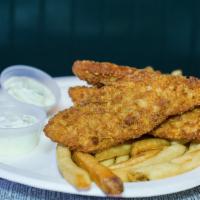 Fish And Chips · Hand-cut Panko breaded Pacific cod, half french fries and two tartar sauces.