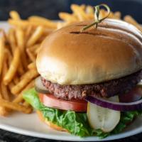 Veggie Burger · beyond veggie burger + lettuce + tomato + red onion + pickles + brioche bun + thin-cut fries