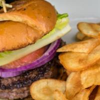 Gf Bistro Burger · wagyu beef + lettuce + tomato + red onion + pickles + brioche bun + gluten-free chips