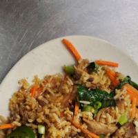 Combination Basil Fried Rice · Spicy. Comes with Pork Belly, Chicken and Shrimp.