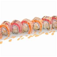 Sunrise Roll · Spicy mayo, seared tuna, and salmon on top of tempura shrimp, imitation crabmeat, and cucumb...