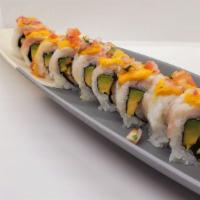 Tiradito Roll · Roll stuffed with shrimp tempura and avocado, covered with fish of the day flamed in sesame ...