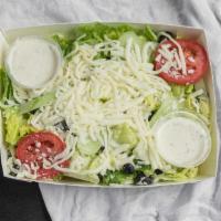 Dinner Salad · Fresh lettuce, tomatoes, cucumbers, black olives, Mozzarella cheese, and choice of dressing.