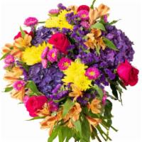 Cute As A Button · PACKAGE DETAILS - With hot pink matsumoto, purple hydrangea, orange alstroemeria, and, of co...