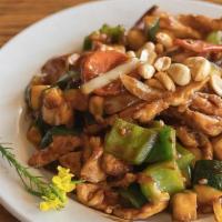 Kung Pao Chicken · Sliced chicken breast sauteed with chili pepper, zucchini, white onions, carrots, and roaste...