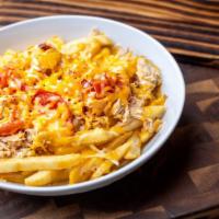 Chicken Cheesesteak Fries · Fries topped with shredded chicken, grilled onion, grilled bell pepper and cheese.