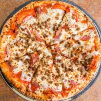 Mighty Meat · Pepperoni, Canadian bacon, salami, lean beef and Italian sausage.