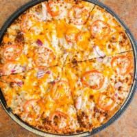 Chicken Bacon Ranch · Creamy ranch sauce, grilled chicken, bacon, red onions, tomatoes and cheddar cheese.