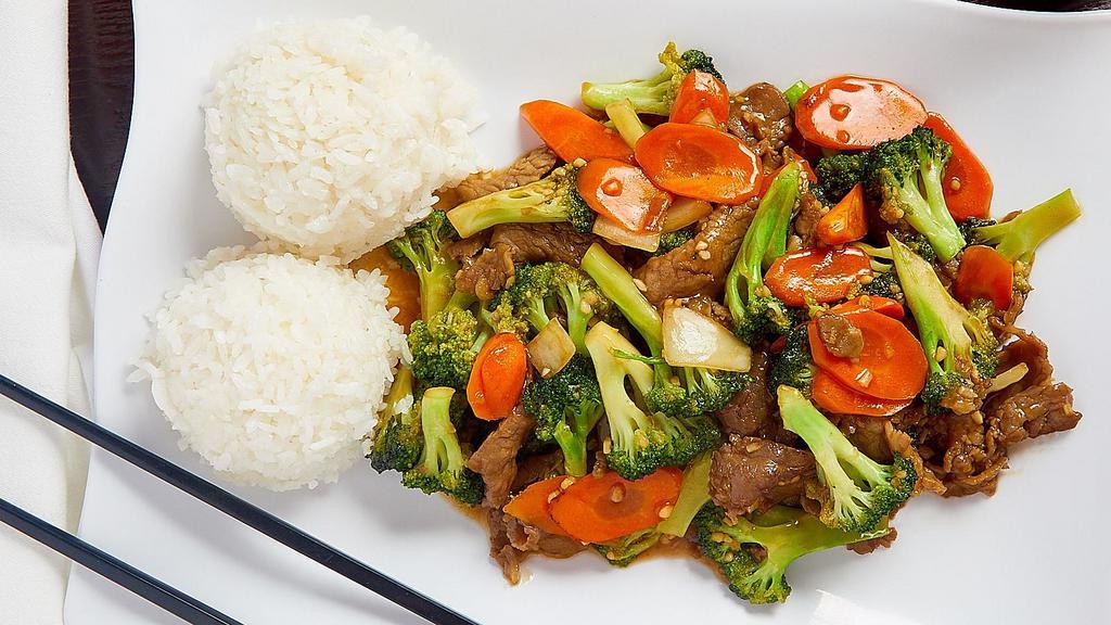 Broccoli Beef · Served with steamed rice.