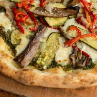 Giardiniera Pizza · Pesto-parmesan base, pine nuts, wood roasted zucchini, bell peppers, onions, eggplant, fresh...