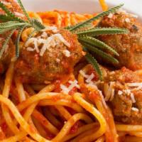 Southern-Homestyle Spaghetti & Meatballs · An Italian-American classic: fresh egg spaghetti, beef, mortadella, herbs and braised tomato...