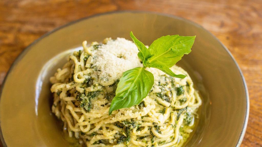 Spaghetti Con Pesto Genovese · Fresh egg spaghetti, fresh basil, pine nuts, garlic, extra virgin olive oil and aged Parmigiano.